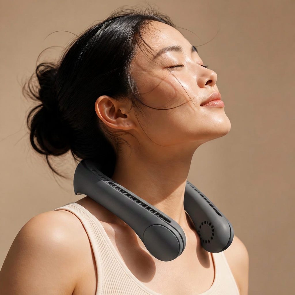 Charcoal Whisper Neck Fan worn around the neck in studio light