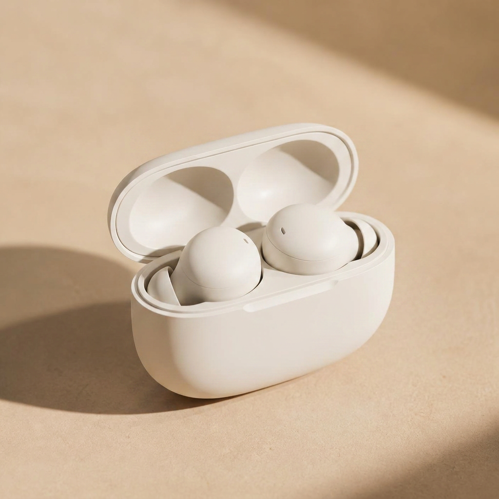 Ivory Studio ANC Earbuds resting in their open charging case
