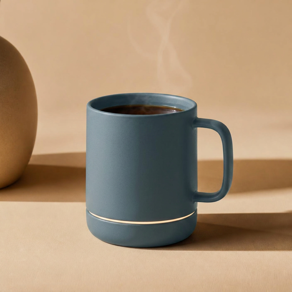 Slate blue-grey Precision Mug with a glowing base ring on a warm beige background