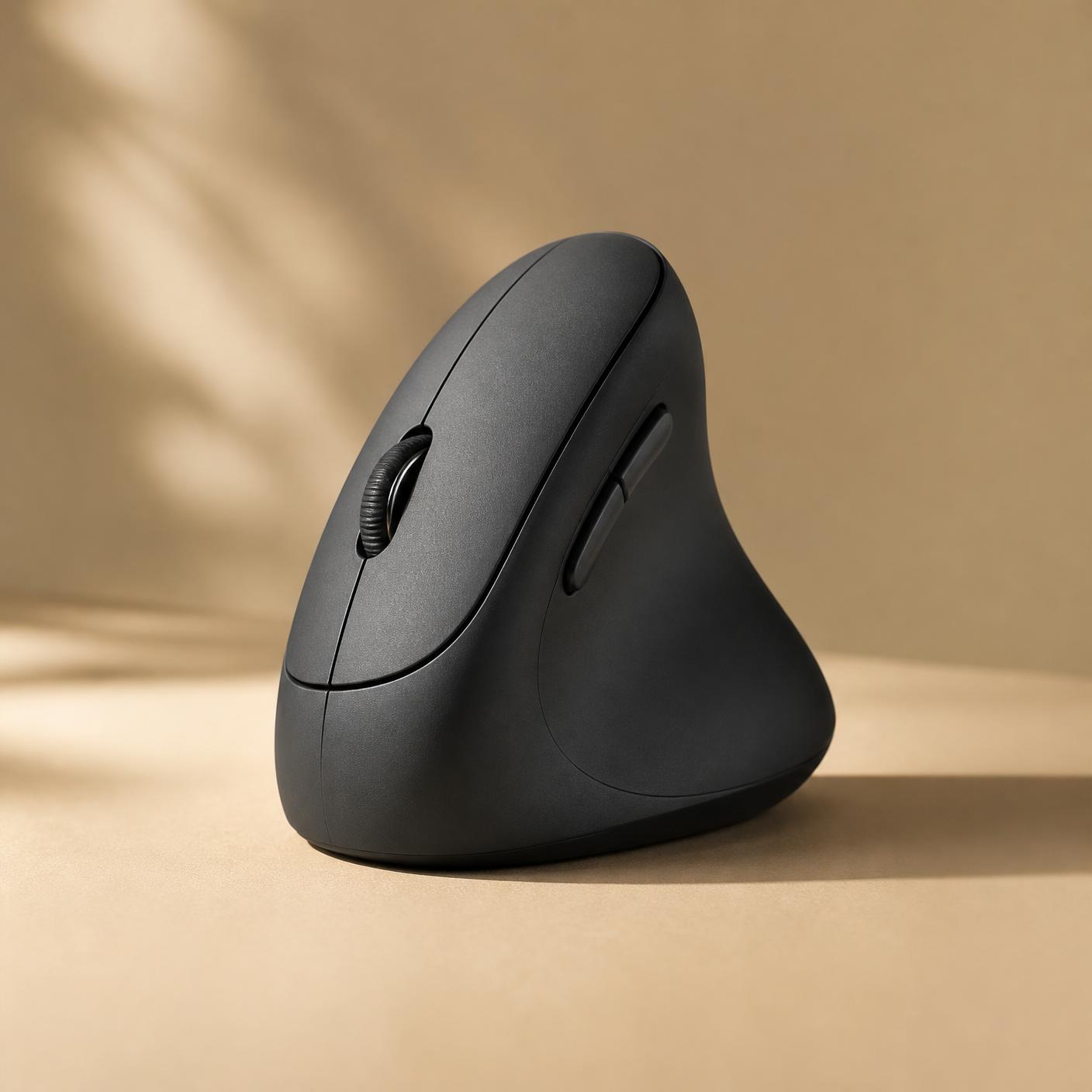 Charcoal ergonomic vertical mouse photographed against a warm beige backdrop