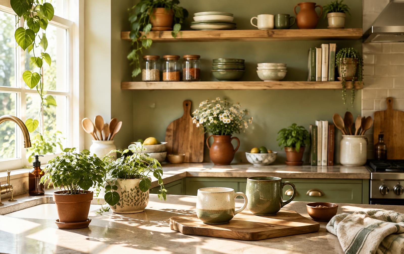 A sunny kitchen counter with mugs, plants and a wooden board